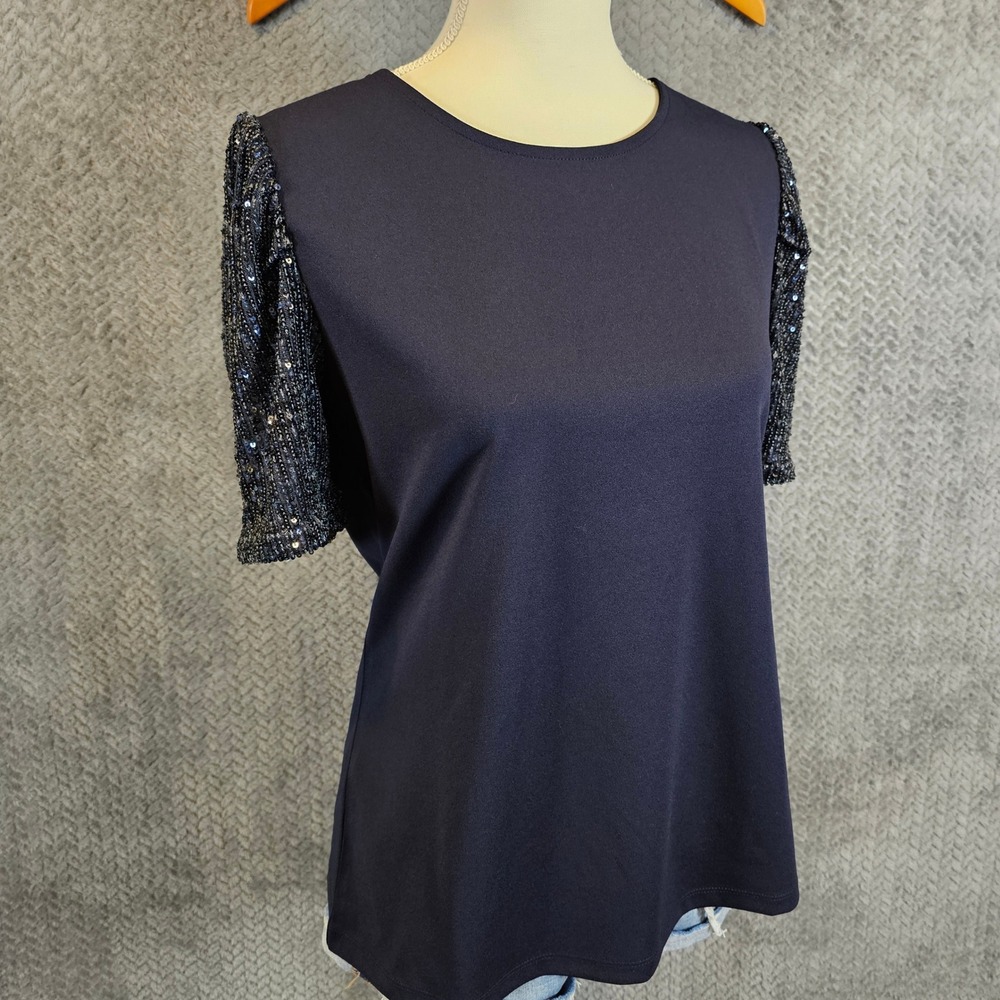 Ann Taylor Womens Navy‎ Sequin Puff Sleeve Knit Top Crew Neck Size M 979